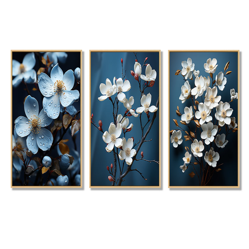 Fleurs de cornouiller dans des tons de gris - ensemble de salon 4 pièces, H 40 po x l 60 po, Cadre flottant brun