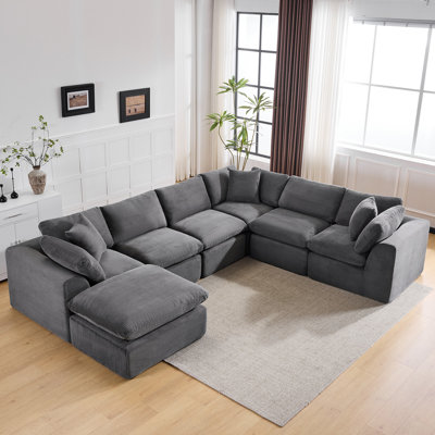 140" Boneless U-Shaped Sectional Sofa with Ottoman, No Assembly Required, 7 Seat Corduroy Cloud Couch for Living Room