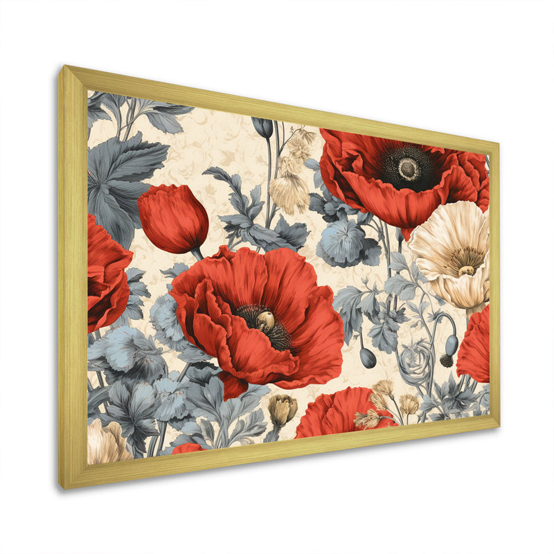 Corail et beige, rêves de coquelicots, H 16 po x l 32 po x P 1 po, Cadre doré simple