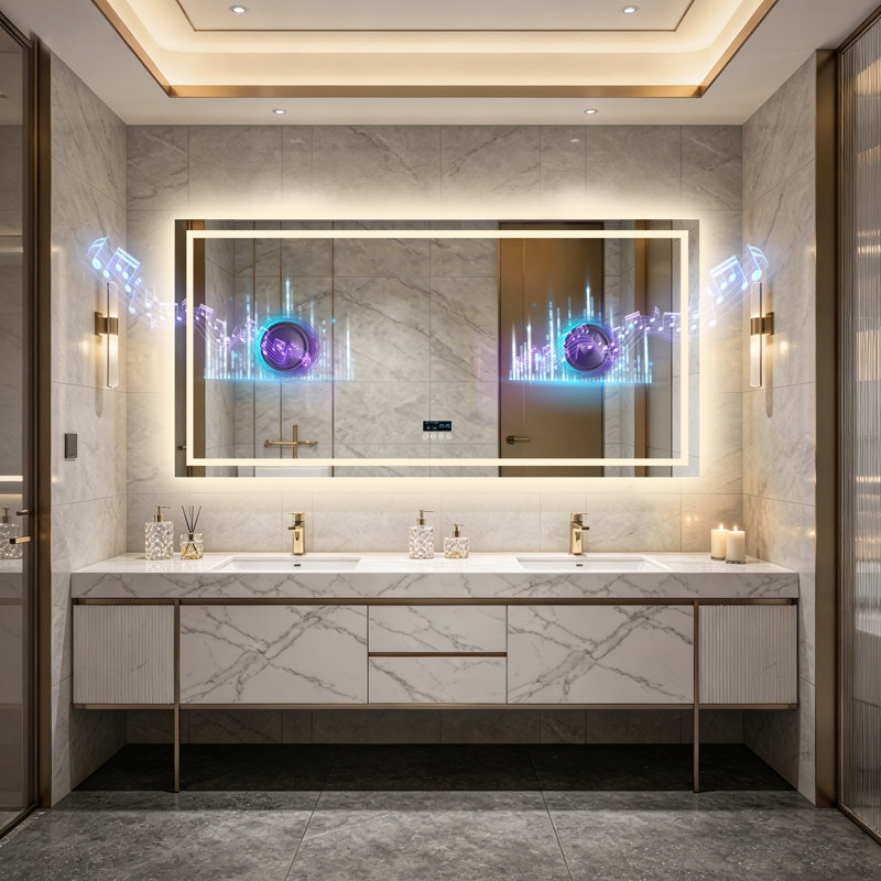 Miroir de salle de bain DEL grand format 72 pouces pour double vasque, haut-parleur Bluetooth, affichage intelligent de l'heure et de la date, antibuée, intensité lumineuse réglable 3 couleurs