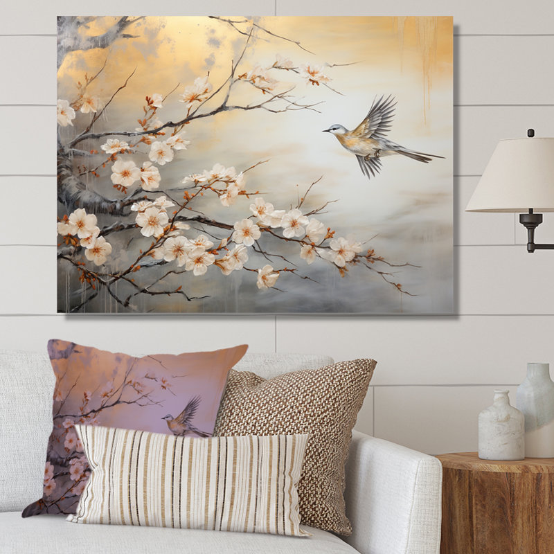 Oiseaux gris et blancs sur un arbre floral III - art mural oiseau, Toile tendue, H 24 po x l 32 po x P 1 po