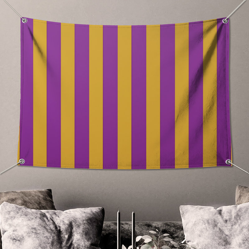 Tapisserie murale mauve à rayures jaunes - Décoration murale à rayures, H 68 po x l 80 po avec 4 œillets
