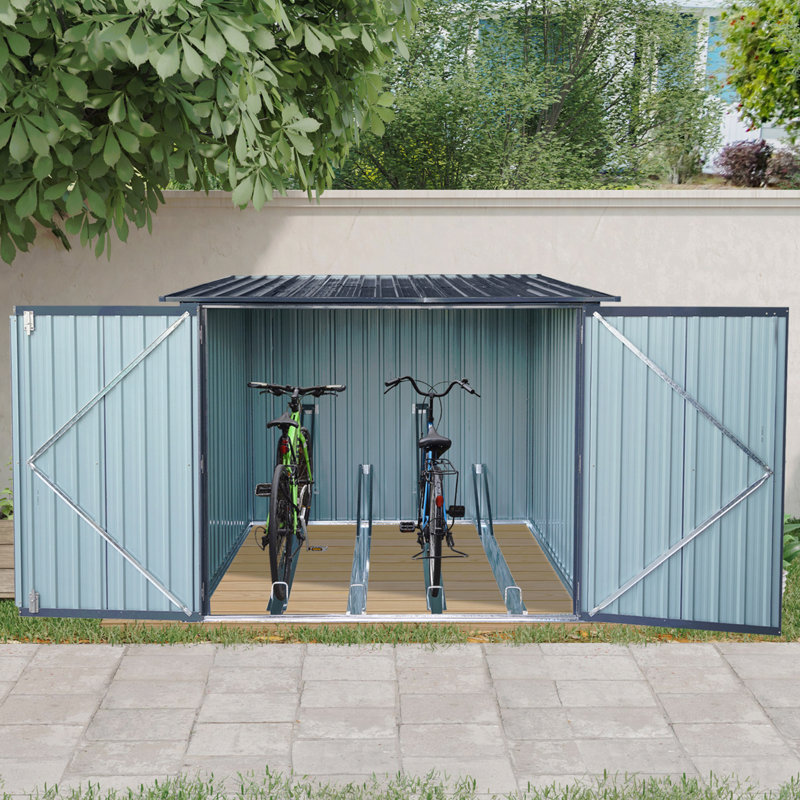 Remise de rangement extérieure en acier pour vélo avec toit incliné et 4 voies à vélo