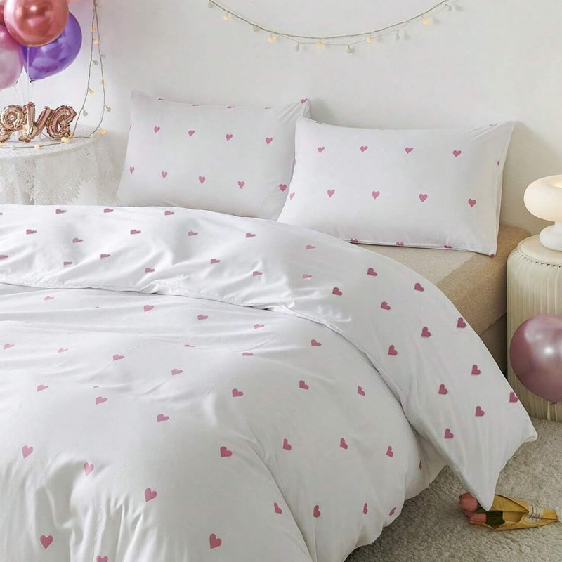 Ensemble de literie à motif de cœur en microfibre blanche avec fermeture à glissière, Rose