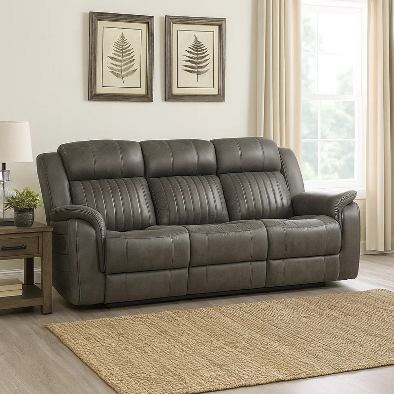 Canapé inclinable double en microfibre polie avec accoudoirs à coussins 83,5 po Ariste, Microfibre / microsuède gris brunâtre