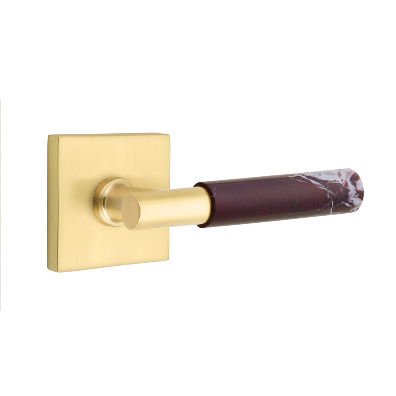Emtek Select Passage Interior Mortise w/ Square Rosette & T-Bar Stem, Rosso Levanto Marble, Left, Satin Brass