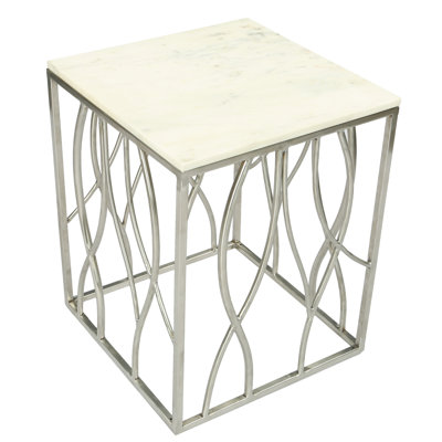 Mercer41 Square Marble Table With Stainless Steel Base, White Gray Veining, Polished Metal, 18"w 18"d 22.5"h, Fully Assembled Furniture And Coffee Table, Top V