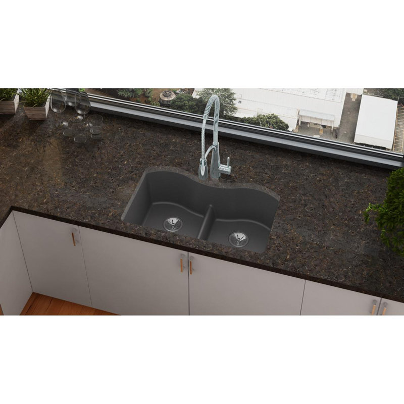 Quartz Luxe 33" L x 20" W Double Basin Undermount Kitchen Sink with Aqua Divide, Charcoal