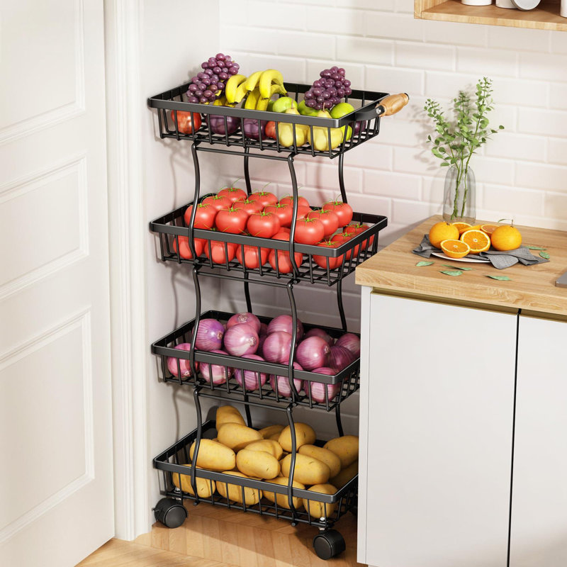 4 Tier Fruit Basket For Kitchen, Stackable Fruit And Vegetable Wire Basket With Wheels For Banana Onions And Potatoes Storage And Organization, Black