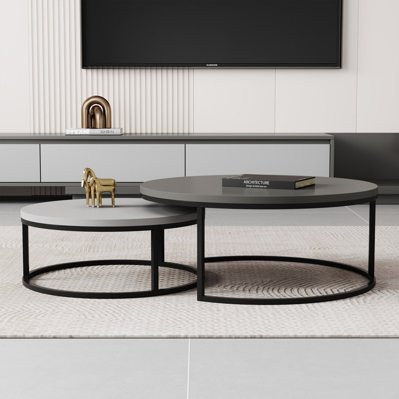 Modern Nesting Coffee Tables Set of 2, Round Walnut Wood Top with Black Metal Frame, Contemporary Living Room Tables, Grey