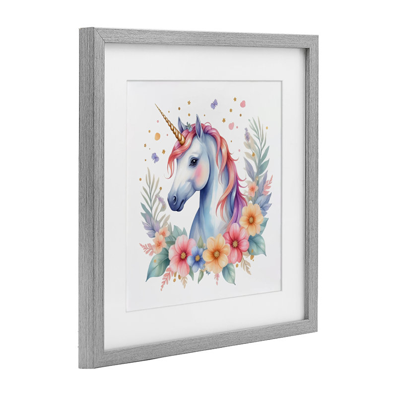 Licorne colorée avec des fleurs, reproduction encadrée sous verre, design by Creative Studio, Cadre de ferme gris