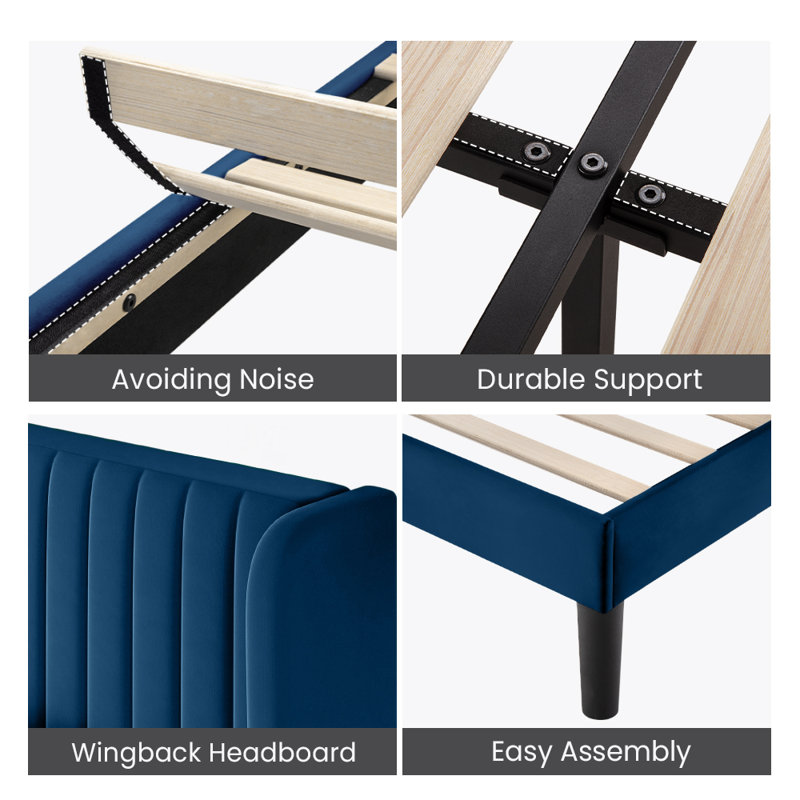 Elegant Navy Blue Velvet Queen Bed with Tufted Wingback Headboard