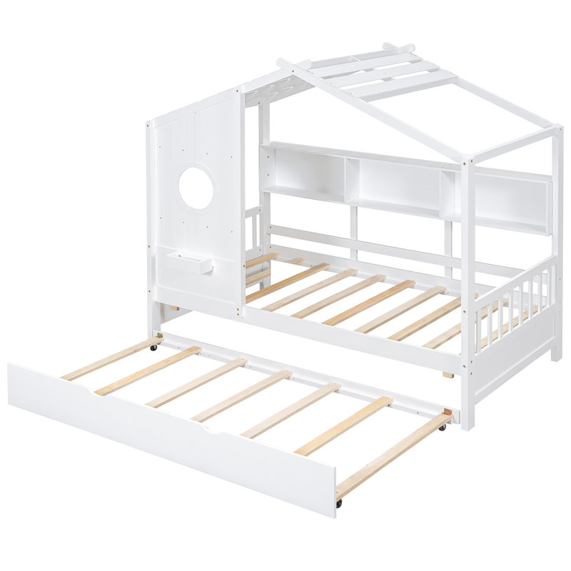 Twin Size Wooden House Bed In White, Modern Design For , Trundle Extra Sleep, Shelves Decorating White With Trundle, Pinewood Build, Displaying Mini - Books