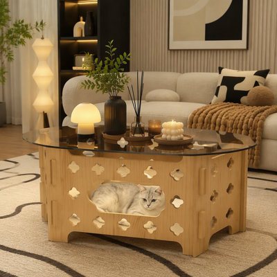 Table basse avec plateau en verre trempé caramel, table basse avec table basse en bois sculpté