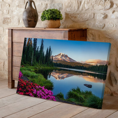Canvas A Serene Landscape Featuring A Tranquil Lake Reflecting A Majestic Wall Art Snow Capped Mountain Under A Clear Blue Sky In The Canvas Wall Art