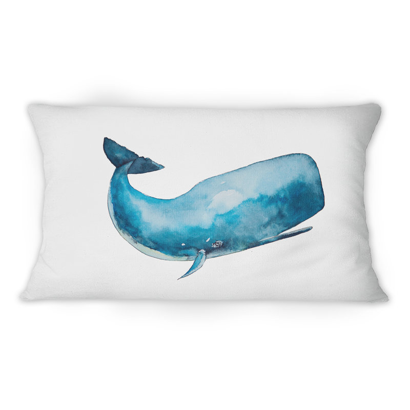 Blue Sperm Whale On White I - Nautical & Coastal Printed Throw Pillow 1