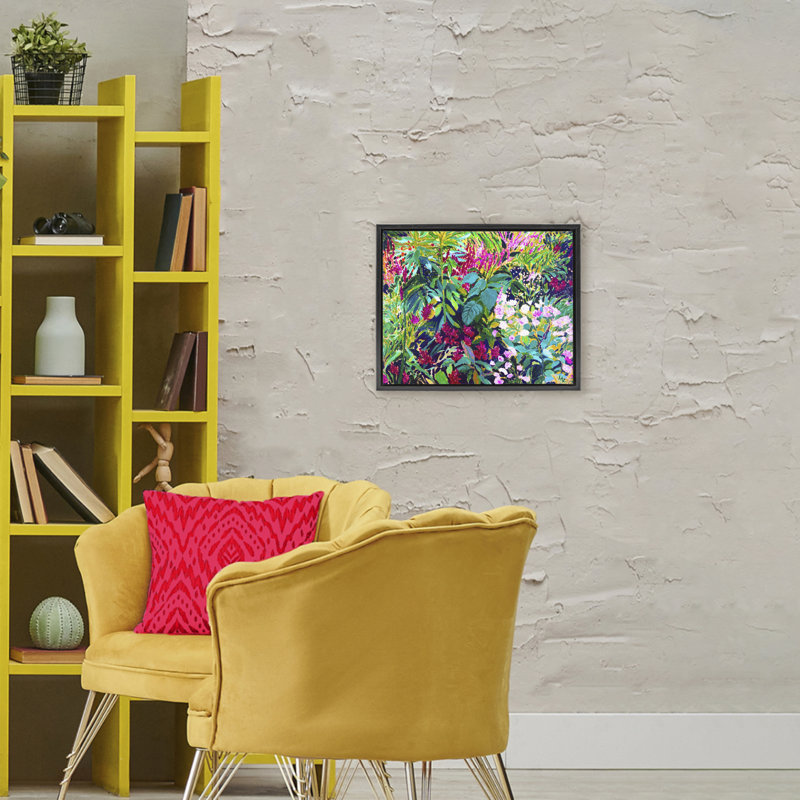 Cadre flottant avec feuilles tropicales luxuriantes et vibrantes, design par Lee Ann Zirbes, Cadre flottant noir de jais