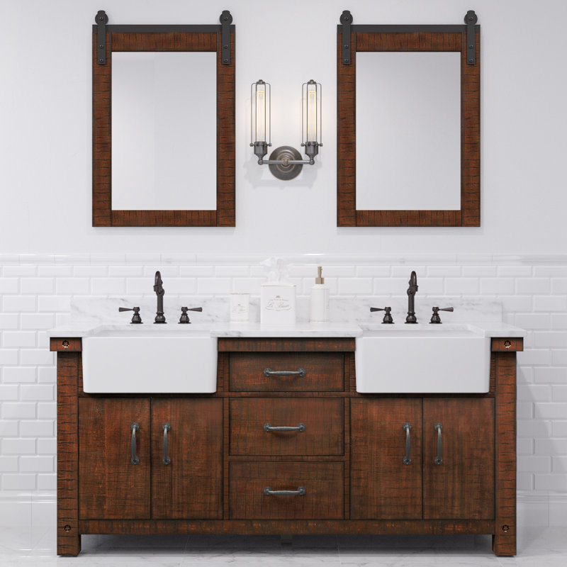 Keighley 72" Carrara White Marble Countertop Bath Vanity with Mirror, Rustic Sienna, Faucet & Mirror Included