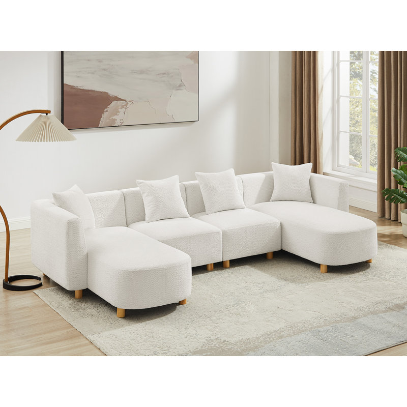 Modern Upholstered Sectional Sofa, White Polyester