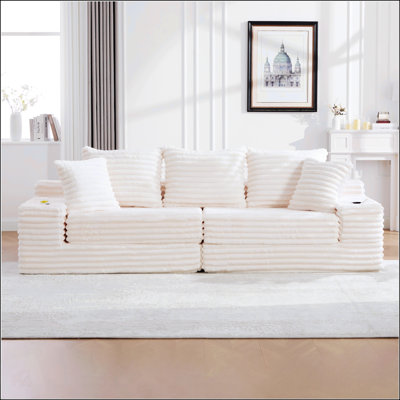 Oversized Boneless Four Seats Sofa with Cup Holder and Side Pockets, Upholstered Corduroy Sofa Bed Cloud Couch with 3 Pillows, 2 Lumbar Pillows for Living Room, Bedroom, No Assembly, Breathable Material