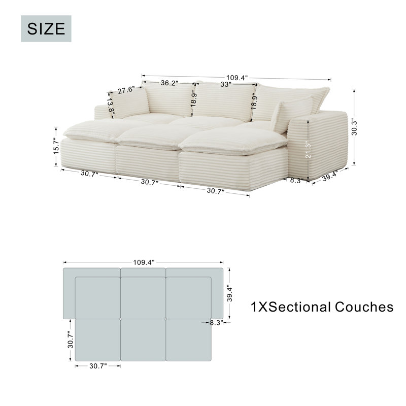 Canapé modulaire 110 po avec siège profond et canapé modulaire 3 places avec 3 repose-pieds, White Corduroy