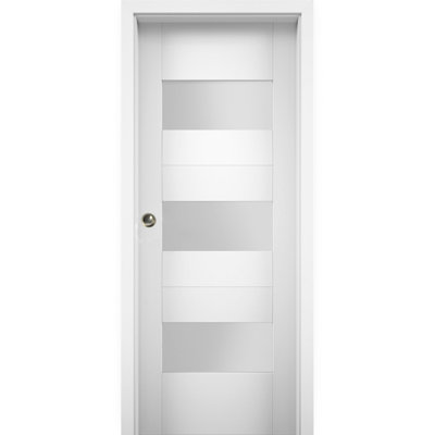 Porte coulissante 61 x 203 cm avec vitrage opaque Sete 6003 Blanc Soie Ensemble de rails et quincaillerie MDF pour chambre intérieure moderne