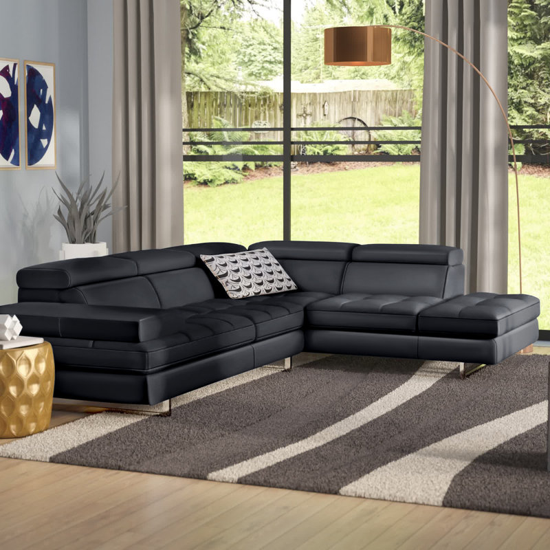 Upholstered Sectional, Right Hand Facing, Black Genuine Leather