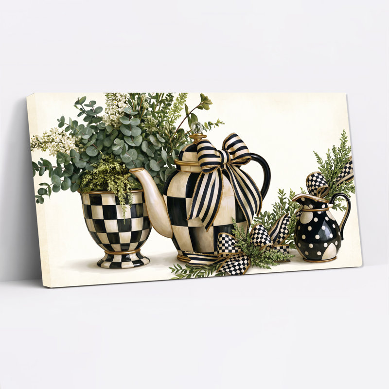 Pichet à thé à carreaux noirs et blancs avec bordure dorée et toile murale, L 20 po x H 10 po
