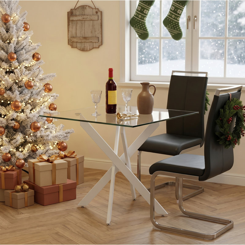 35" Modern Minimalist Square Tempered Glass Dining Table with X-Cross Metal Base, Matte White