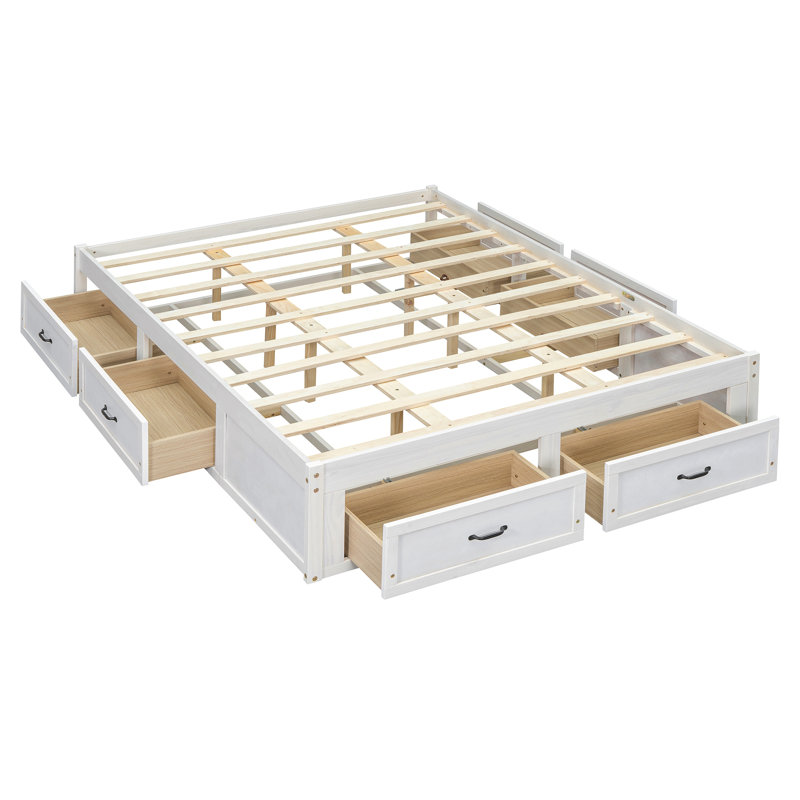 Lit plateforme avec 6 tiroirs de rangement, Blanc antique, Grand lit