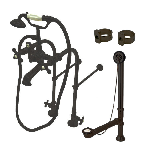 Kingston Brass Vintage Two-Handle 2-Hole Freestanding Clawfoot Tub Faucet Package with Supply Line, Hand Shower and Tub Drain
