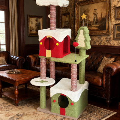 Tour de Noël pour chat de 54 pouces de hauteur avec deux grands condos et un arbre spacieux de 54 pouces de hauteur