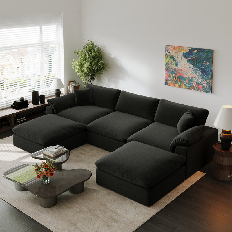 Amika 5 - Piece Upholstered Sectional, Cloud Couch Modular Sectional Sofa for Living Room and Bedroom, Black Linen Blend