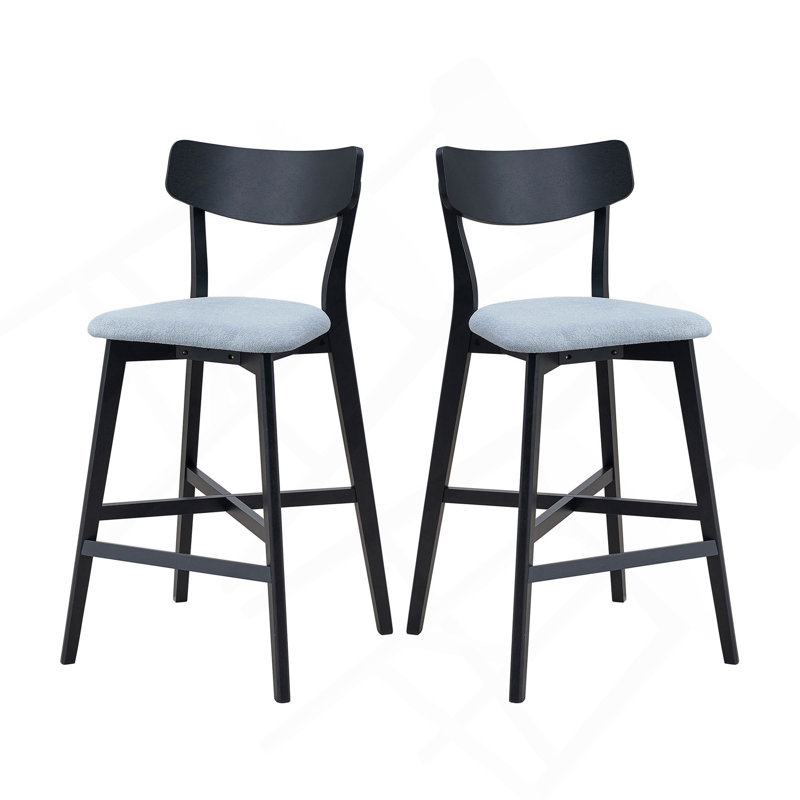 Wooden Bar Chairs Set Of 2, Modern Soft Upholstered Kitchen Island Chairs, Counter Height Stool With Backrest,Wooden Frame Chairs With Footrest For Pub,Living Room,Restaurant,Black
