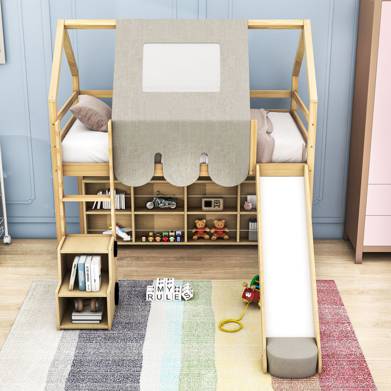 Artia Playful Loft Bed With Slide, Staircase, Natural/Beige, Twin