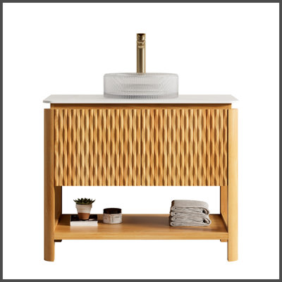 36" Bathroom Vanity&Sink, Freestanding Plywood Bathroom Storage Cabinet with 2 Bamboo Texture Doors&Open Shelf, Transparent Round Glass Basin&Carrara White Sintered Stone Top, Woodgrain Color