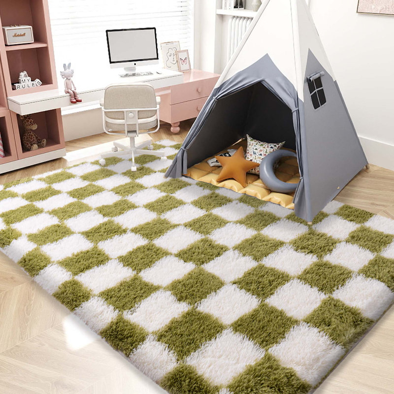 Checkered Fluffy Rug 6x9 Ft Washable Shaggy Fluffy Rug for Bedroom Living Room Plaid Runner Rug Fuzzy Shag Carpet Non-Slip for Kids Toddler Room Nursery Playroom