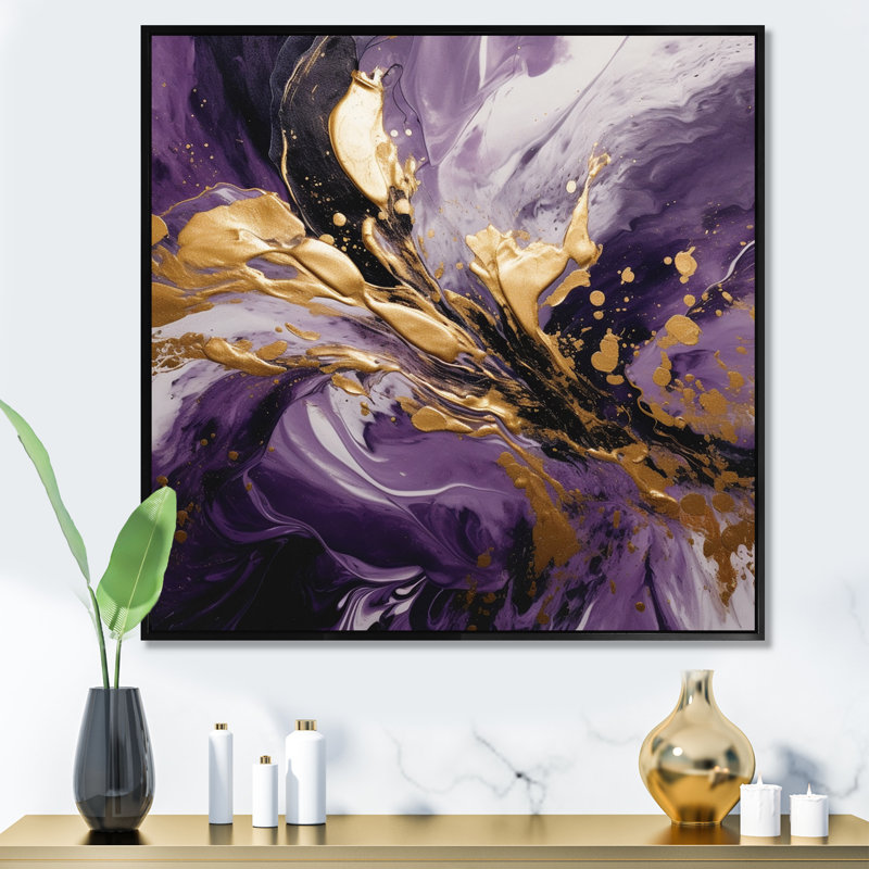 Mauve et or liquide Magic II - art mural abstrait, H 16 po x l 16 po, Reproduction avec cadre flottant, Noir