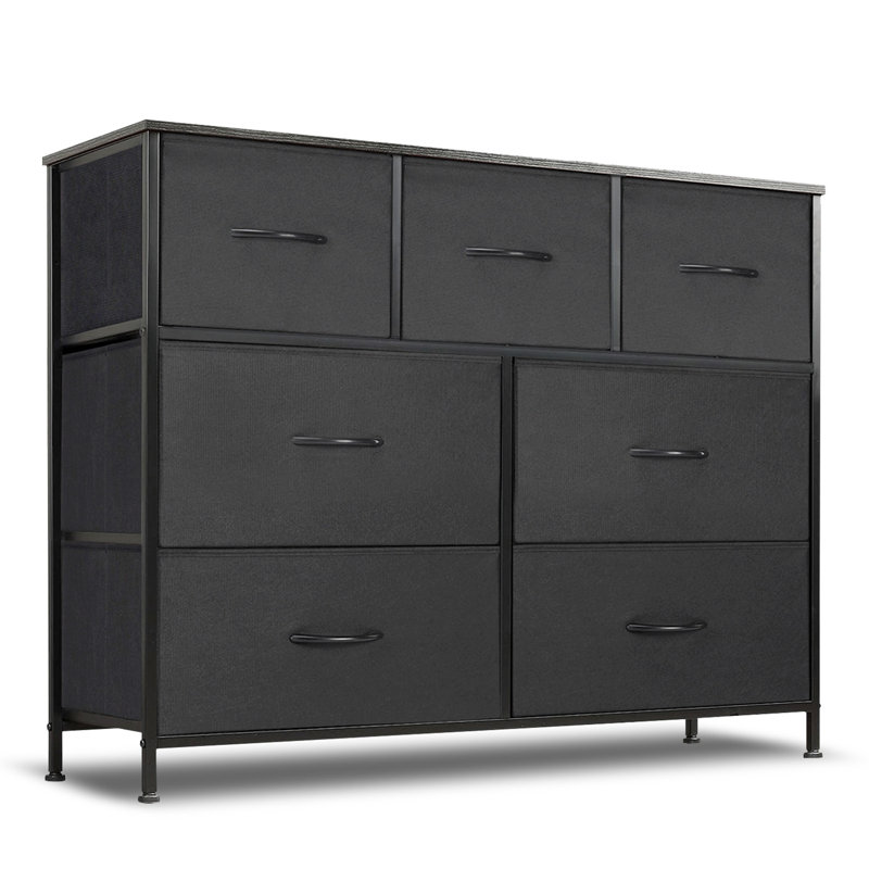 Commode moderne Verdi à 7 tiroirs en tissu, idéale pour le rangement dans la chambre à coucher., Noir, noir, noir, noir