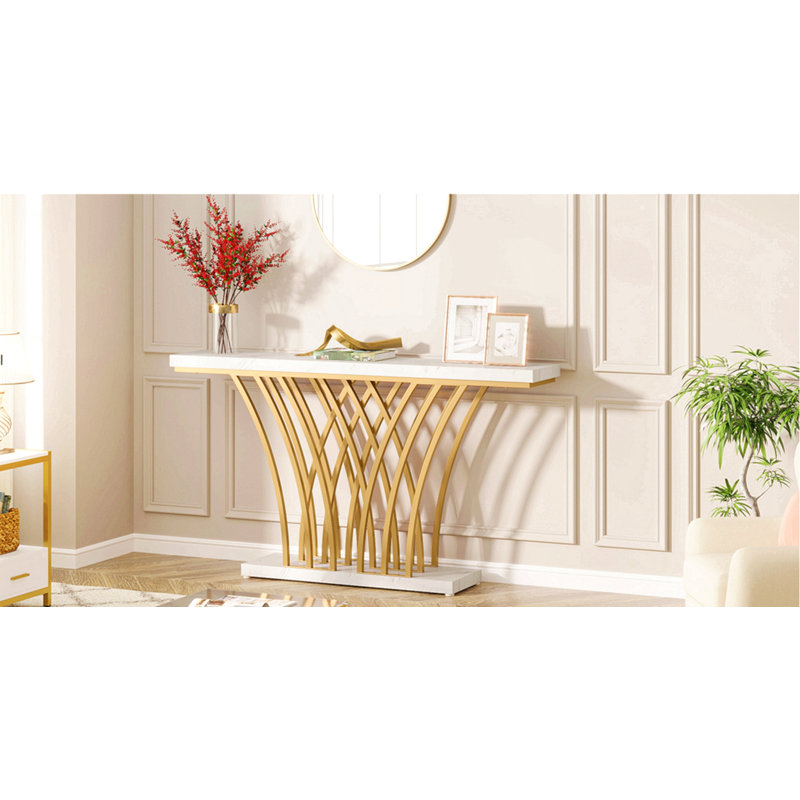 Console 59 po, table d'entrée en faux marbre avec base en métal, canapé d'appoint étroit