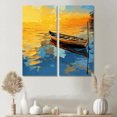 Bateau jaune et bleu au bord du lac - grand bateau côtier, art mural 2 pièces