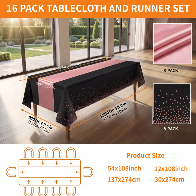 Ensemble de 16 pièces comprenant une nappe et un chemin de table en satin, 54 x 108 pouces et 12 x 108 pouces, jetables, noir et rose, pour décoration de fête et de mariage.