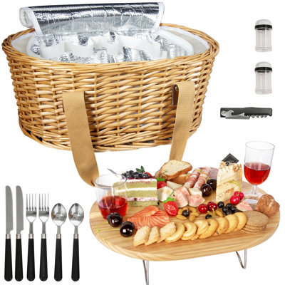 Wicker Picnic Basket Setwith Folding Table and Cooler Bag, (Cream White)