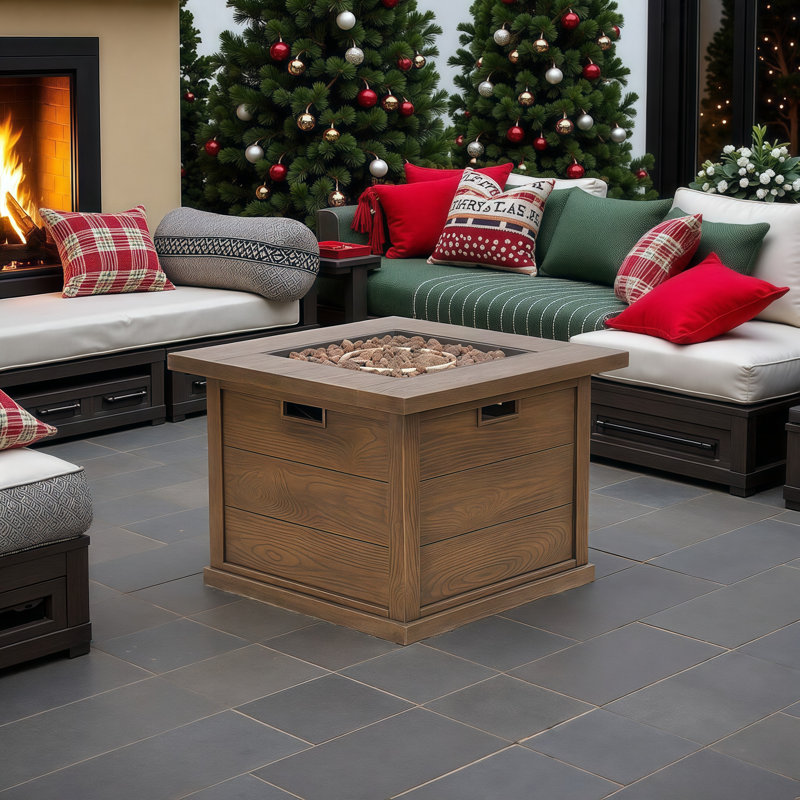 Table carrée pour foyer d'extérieur à grain de bois avec brûleur à gaz 40 000 BTU et réservoir intégré - Chauffe-terrasse pour rassemblements extérieurs