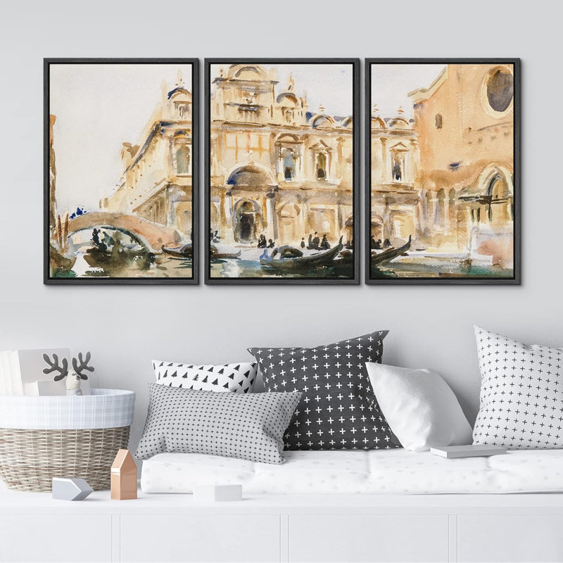 Gondole italienne, paysage urbain, rivière, 3 pièces, H 24 po x l 16 po x P 1,5 po, Noir