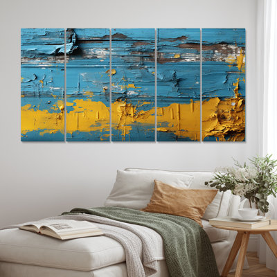 Echos Of Ukraine Vintage Blue And Yellow - Transitional Canvas Wall Art - 5 Equal Panels