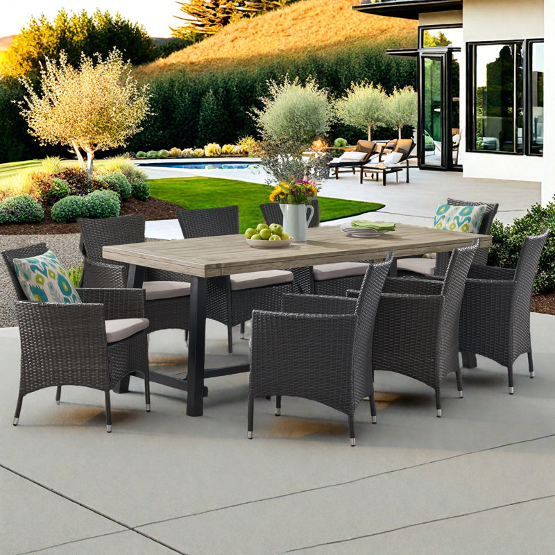 Morphis 8 - Person Acacia Wicker Patio Dining Set with Rectangular Table , Cushions Included