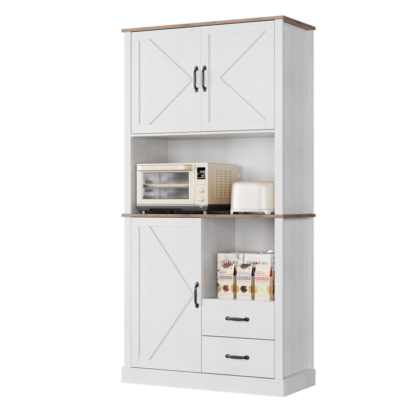 Kitchen Pantry Cabinet with Microwave Stand, White