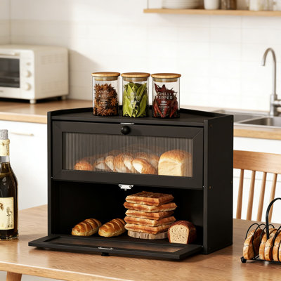 Natural Bamboo Two-Tier Bread Box With View Window, Corner Design Bread Keeper For Kitchen Countertop, Handmade Sandwich Storage Cabinet For Home Bakery, Space Saving Kitchen Organizer