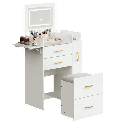 3 in 1 Vanity Desk with Plip Top Mirror and 3 Color LED Lighted, Small Vanity Desk with Power Outlet, Compact Makeup Vanity with 3 Drawers & Cabinet, by Ebern Designs